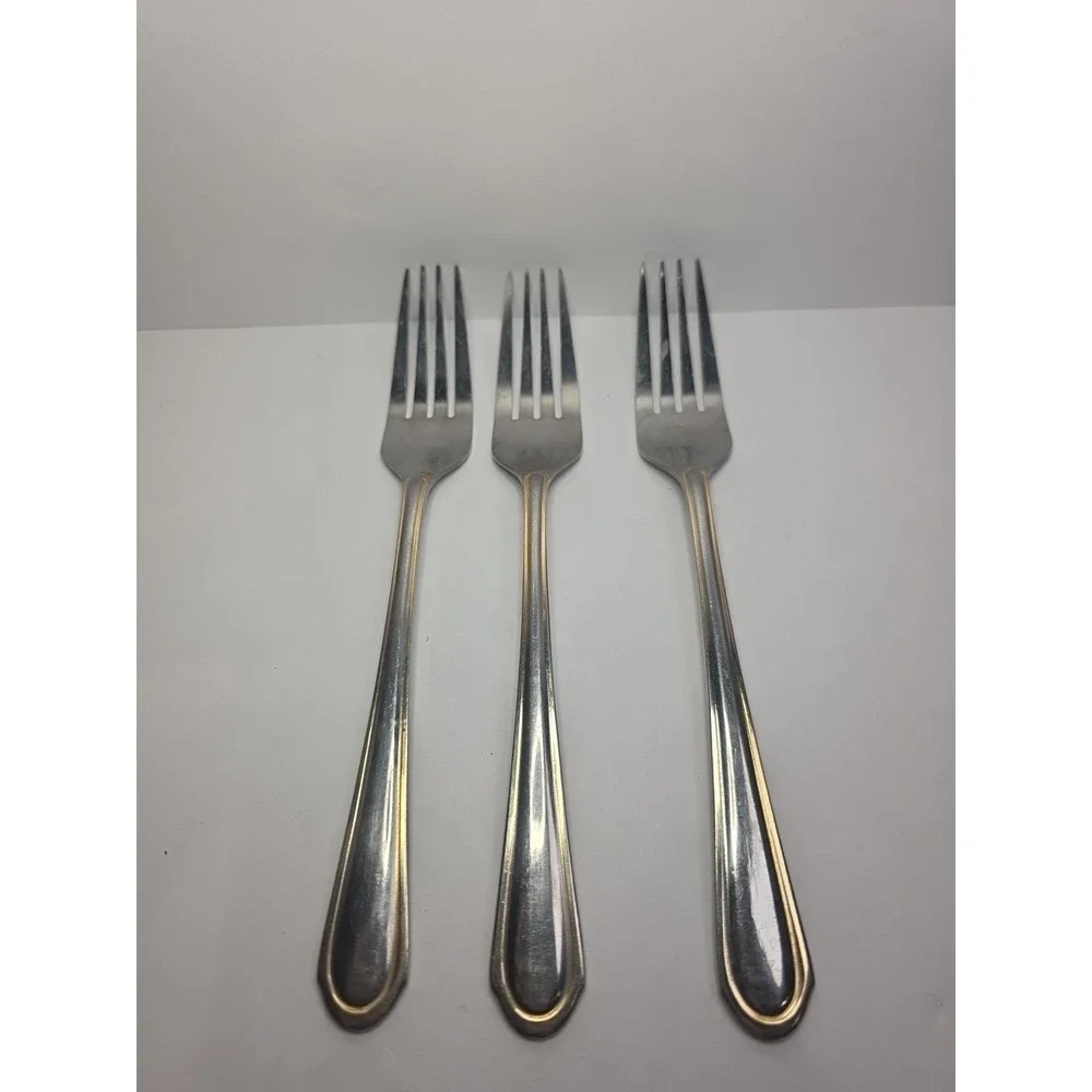 Set Of 3 Hampton Silversmiths ABIGAIL Gold‎ Edge Stainless Dinner Forks 8